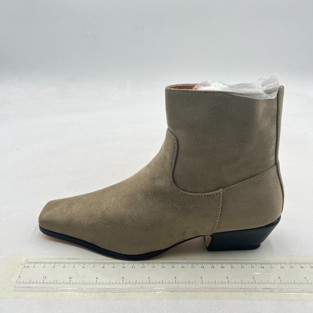 Dark Grey Square Toe Booties Low Chunky Block Heels Side Zipper Ankle Boots Shoe